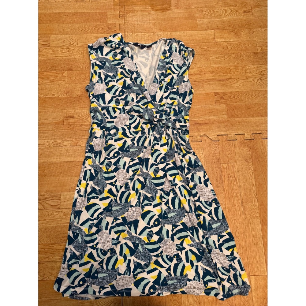 Lands End Womens Blue Yellow Fish Print Faux Wrap Sleeveless Knit Dress Medium